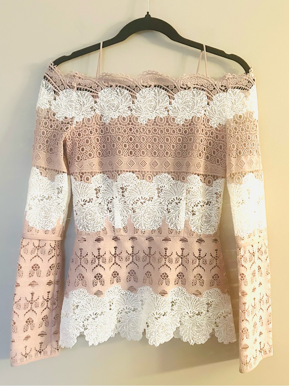 Yigal Azrouel Off-Shoulder Blush Pink Lace Top with White Floral Trim
